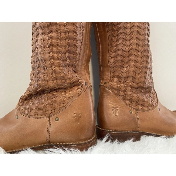 FRYE Shirley Woven Tan Leather Knee High Tall Western Riding Stud Boots Sz 6.5 - Picture 5 of 16